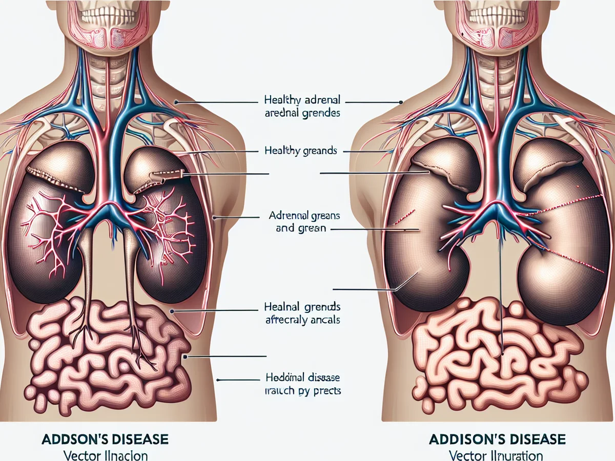 Vektorillustration der Nebenniere: Gesund vs. Addison-Krankheit betroffene Nebenniere.