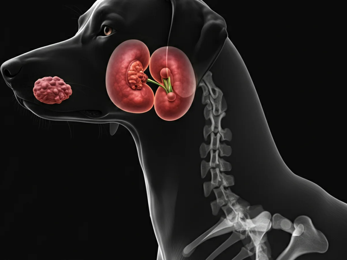 Illustration der Nebennierenveränderungen bei einem Hund mit Addison-Krankheit im Röntgen-Stil.