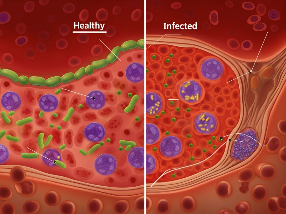 Darstellung von gesunden und von Anaplasmose befallenen Blutzellen eines Hundes.