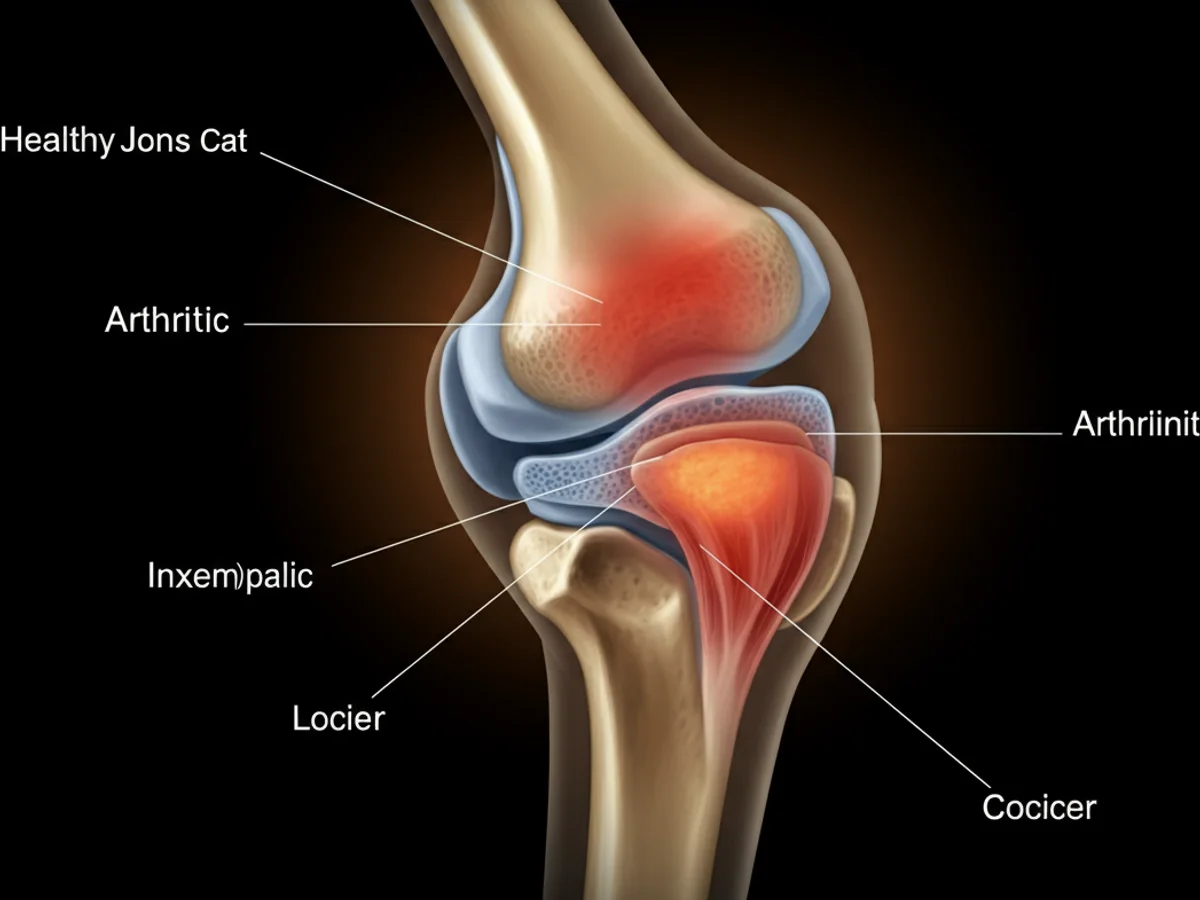 Anatomischer Vergleich eines gesunden und eines von Arthrose betroffenen Katzengelenks.