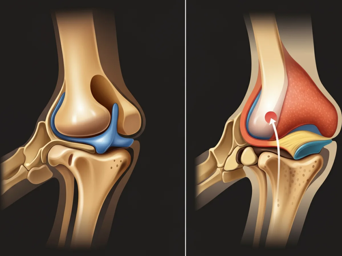 Medizinische Illustration eines gesunden und eines von Arthrose betroffenen Hundegelenks.