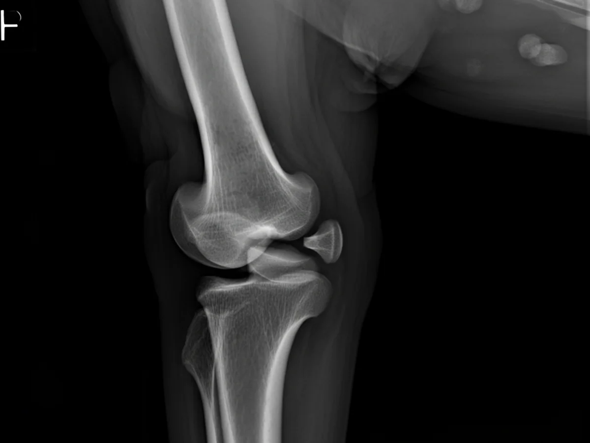 Röntgenbild eines Hundegelenks mit deutlichen Anzeichen von Arthrose.