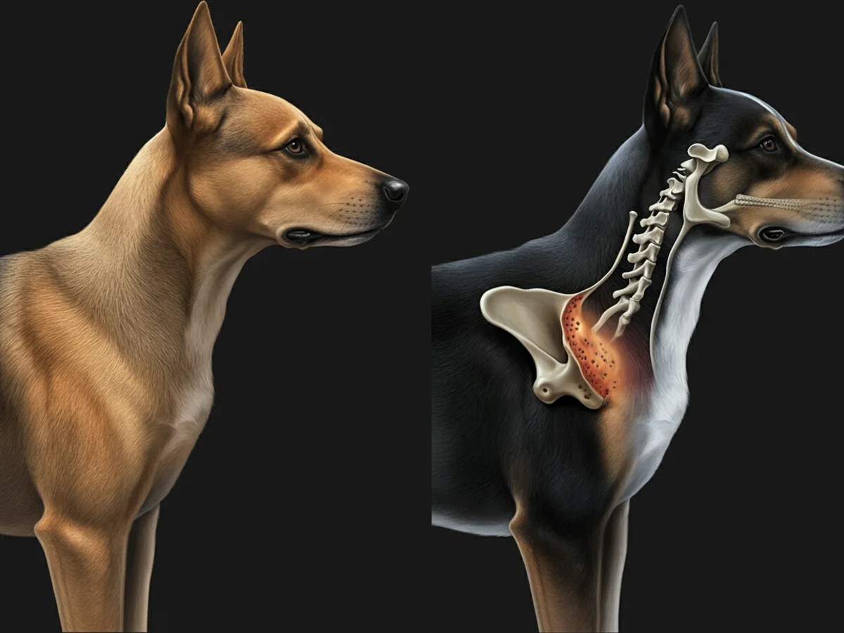 Anatomische Darstellung eines gesunden Hundewirbels im Vergleich zu einem Bandscheibenvorfall.