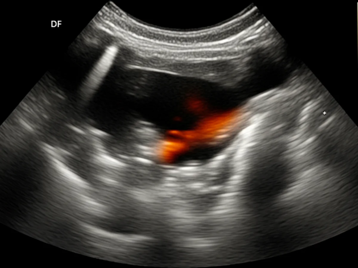 Ultraschallaufnahme eines Bandscheibenvorfalls bei einem Hund, die eine Bandscheibenvorwölbung zeigt.