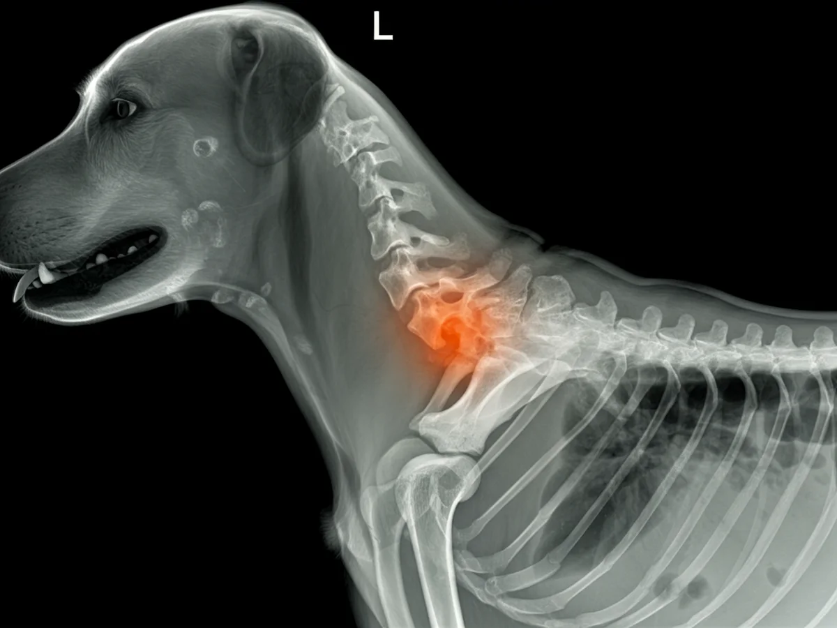 Röntgenaufnahme eines Hundes mit Bandscheibenvorfall, die eine Vorwölbung der Bandscheibe zeigt.