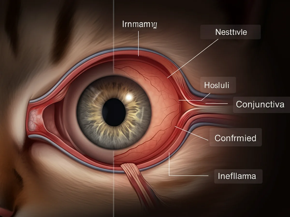 Anatomische Darstellung eines Katzenauges mit gesunder und entzündeter Bindehaut.