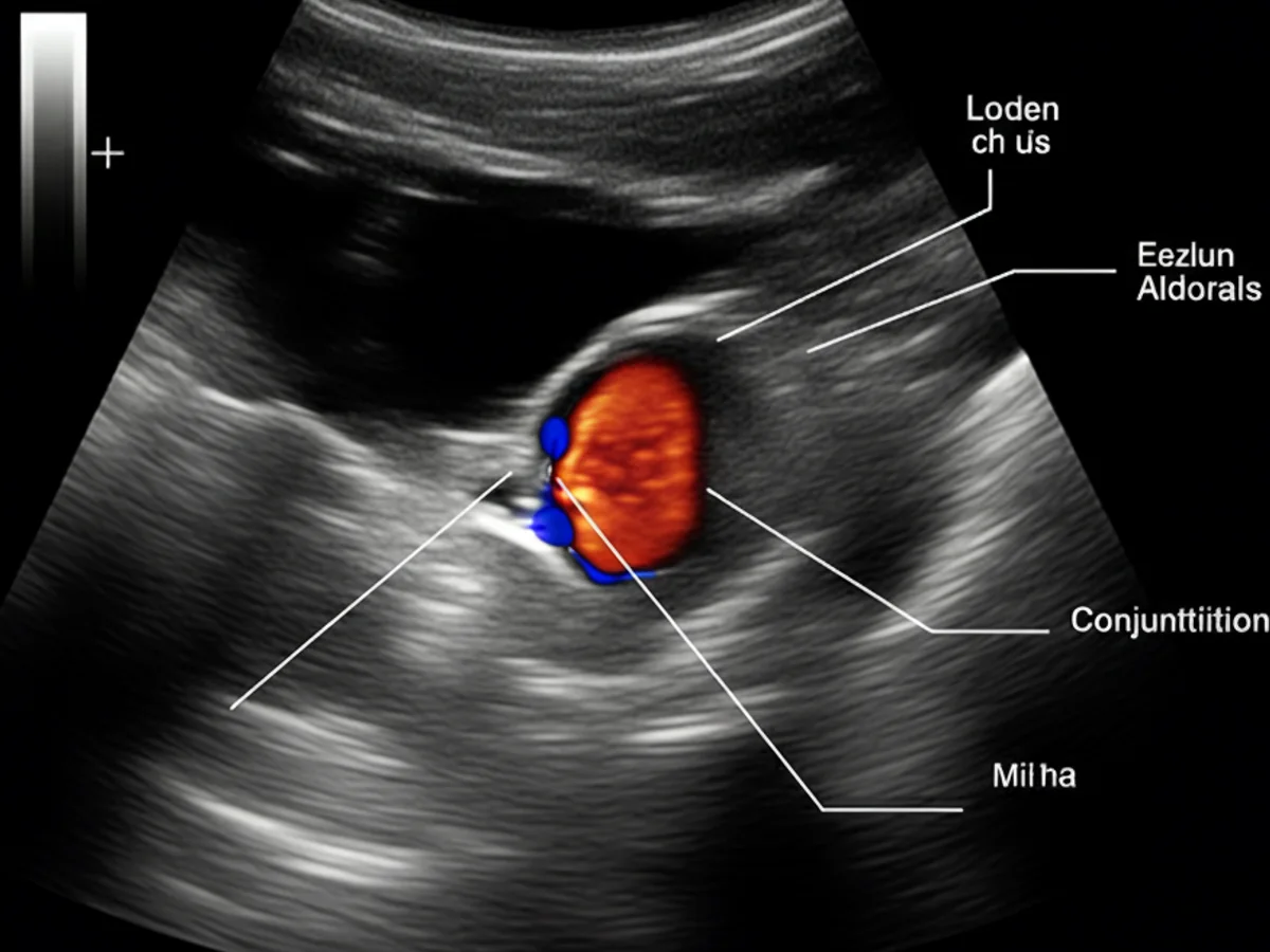 Illustrierte Ultraschallaufnahme eines Katzenauges mit Anzeichen einer Bindehautentzündung.