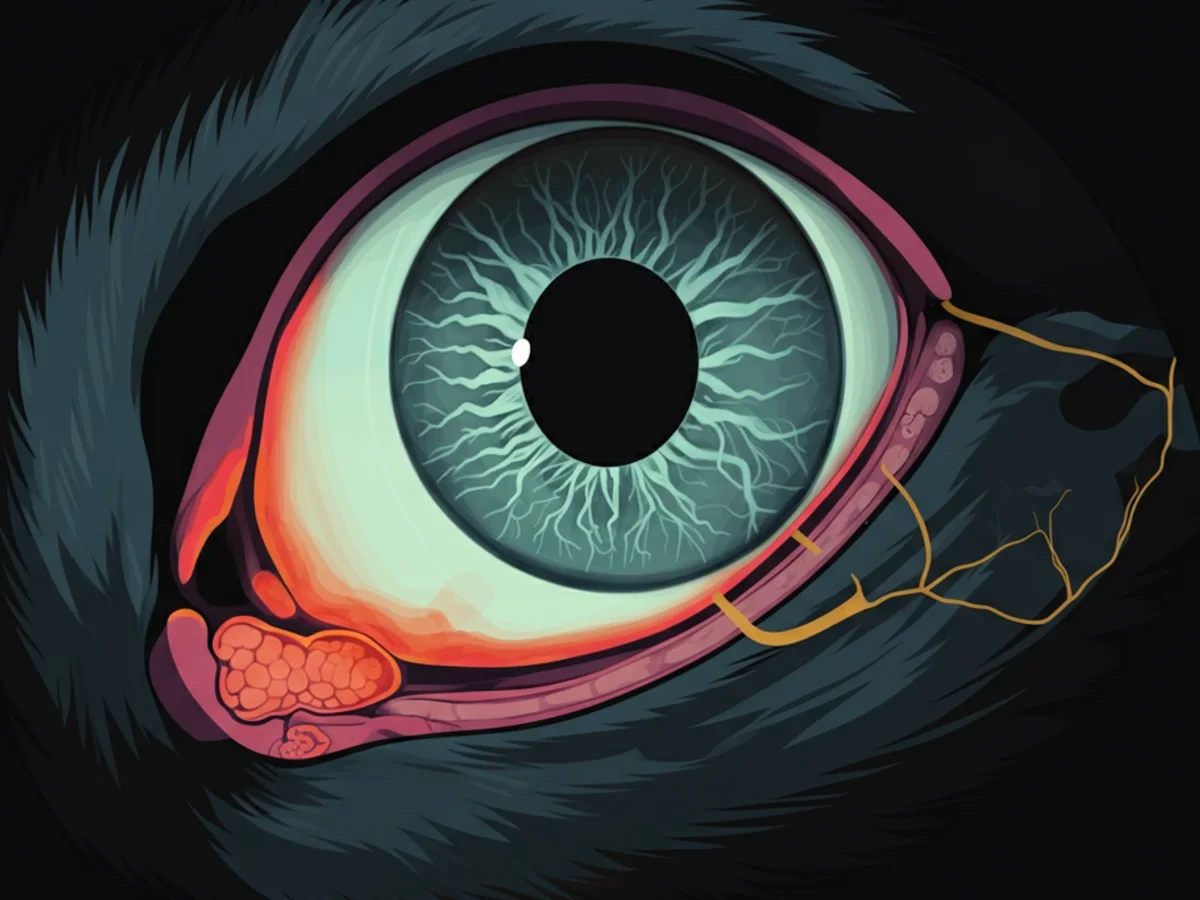 Stilisierte Darstellung eines Katzen-Augen-Röntgenbildes mit Entzündung der Bindehaut.