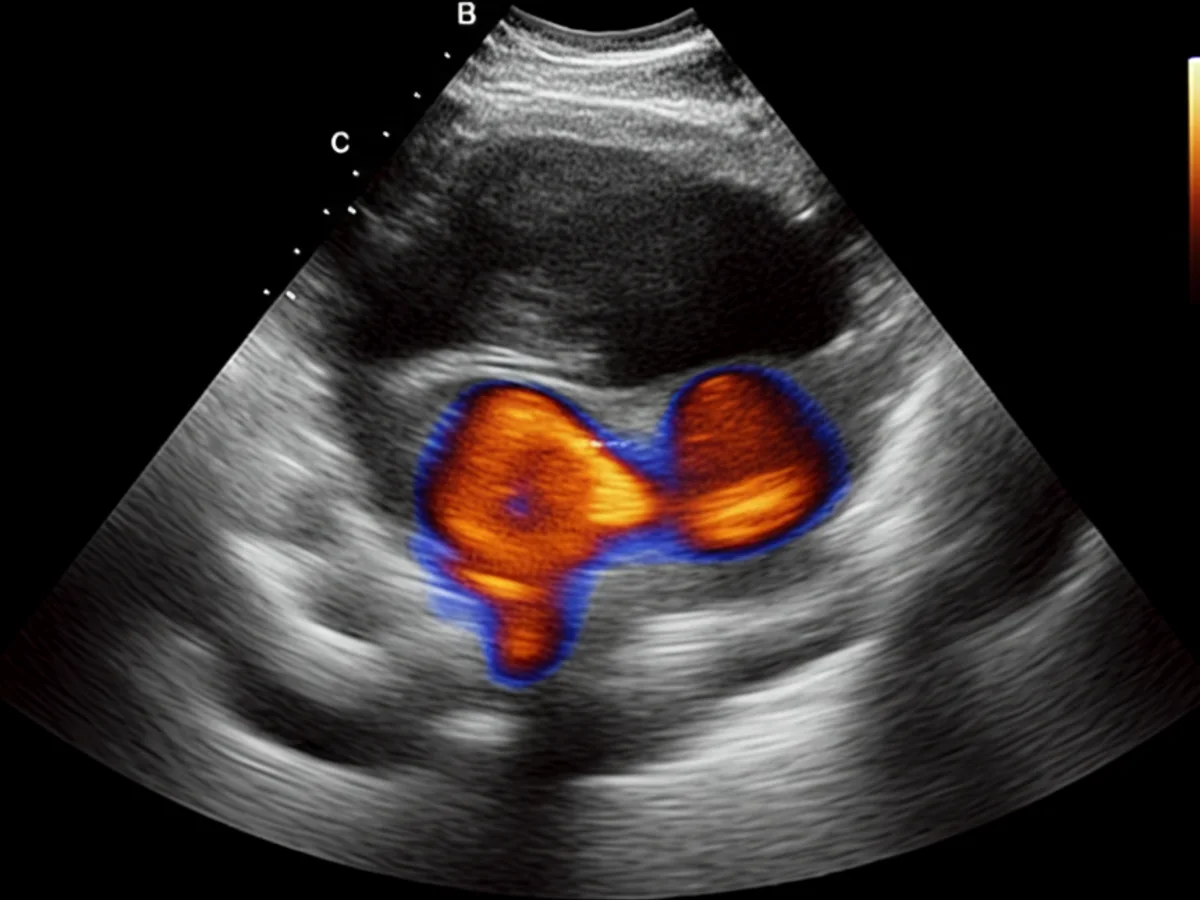 Ultraschallaufnahme eines dysplastischen Hüftgelenks beim Hund.