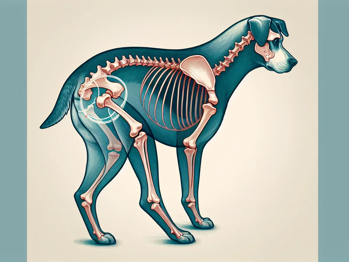 Röntgenbild eines Hundehüftgelenks mit Anzeichen von Hüftgelenksdysplasie.