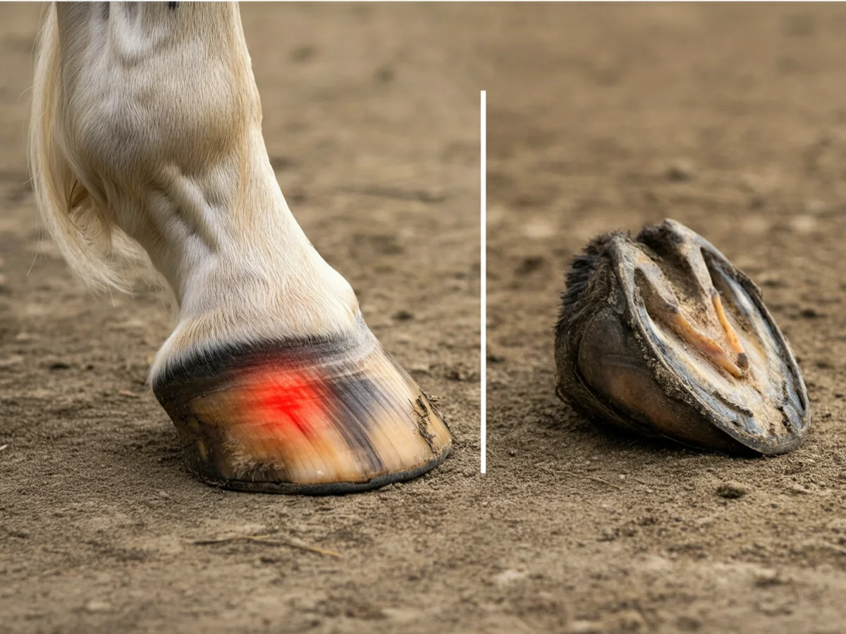Medizinische Illustration eines Pferdehufs mit den durch Hufrehe betroffenen Bereichen in Rot markiert.