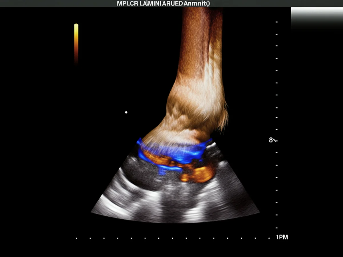 Ultraschallbild eines Pferdehufs mit Flüssigkeitsansammlungen und Gewebeveränderungen bei Hufrehe.