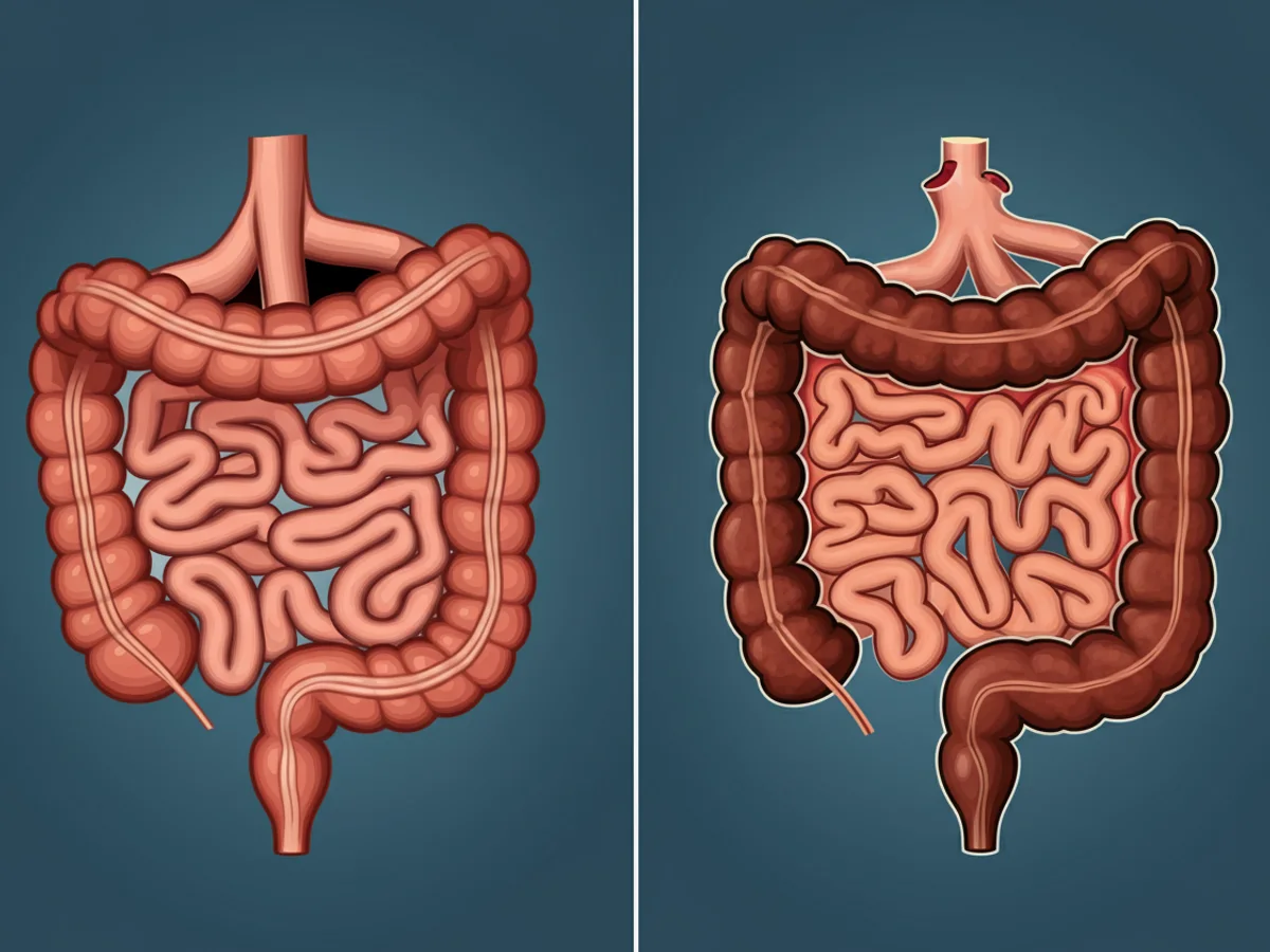 Anatomische Darstellung eines gesunden Pferdedarms im Vergleich zu einem von Kolik betroffenen Darm.