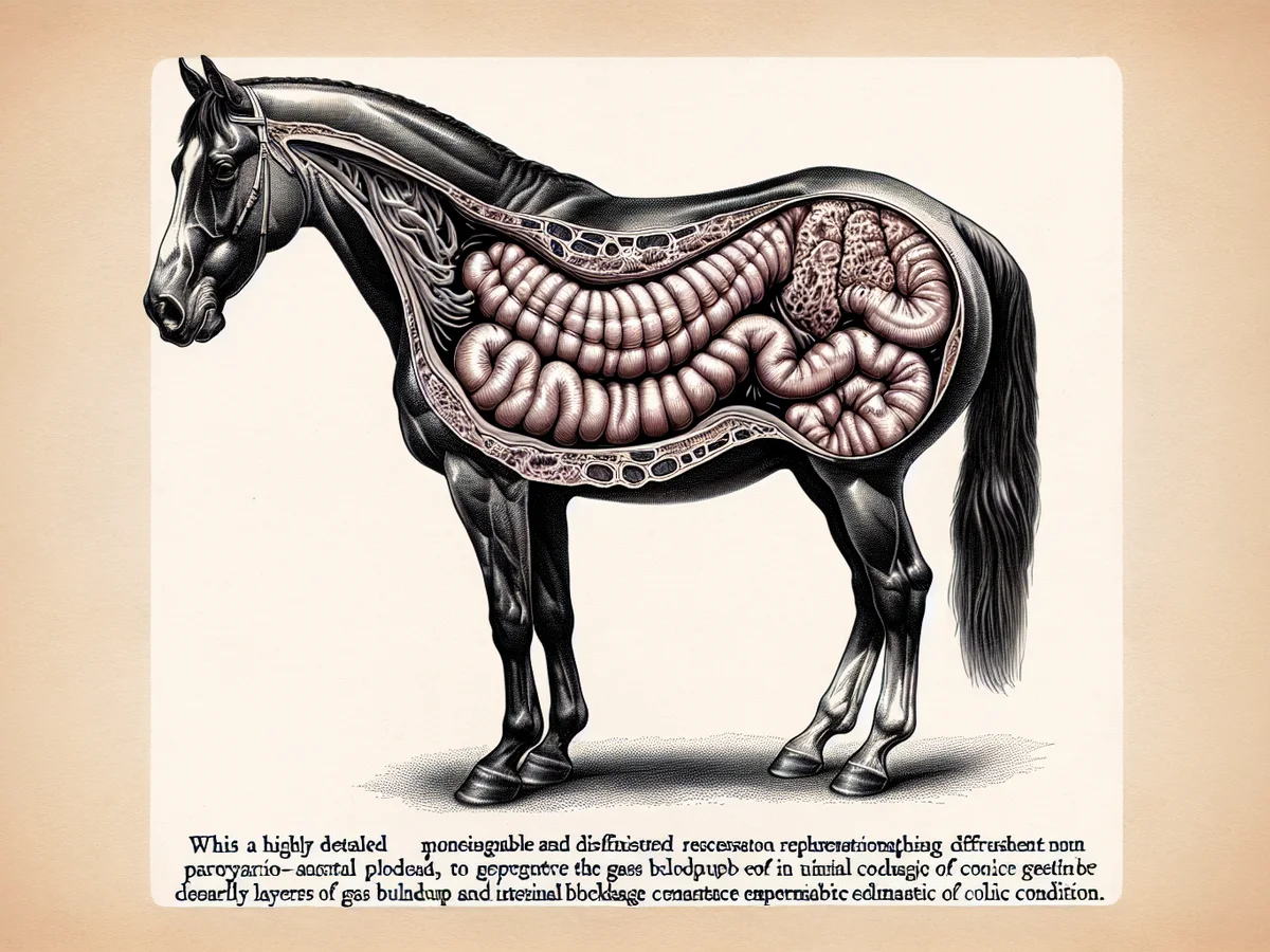 Ultraschallaufnahme eines Pferdebauches mit Gasansammlung und Darmblockade, die für Kolik charakteristisch sind.