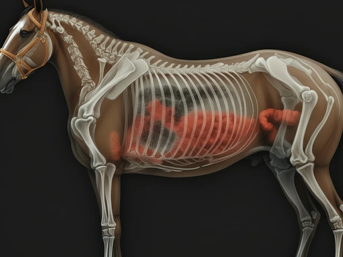 Röntgenaufnahme eines Pferdebauches mit Anzeichen eines durch Kolik verursachten Darmverschlusses.